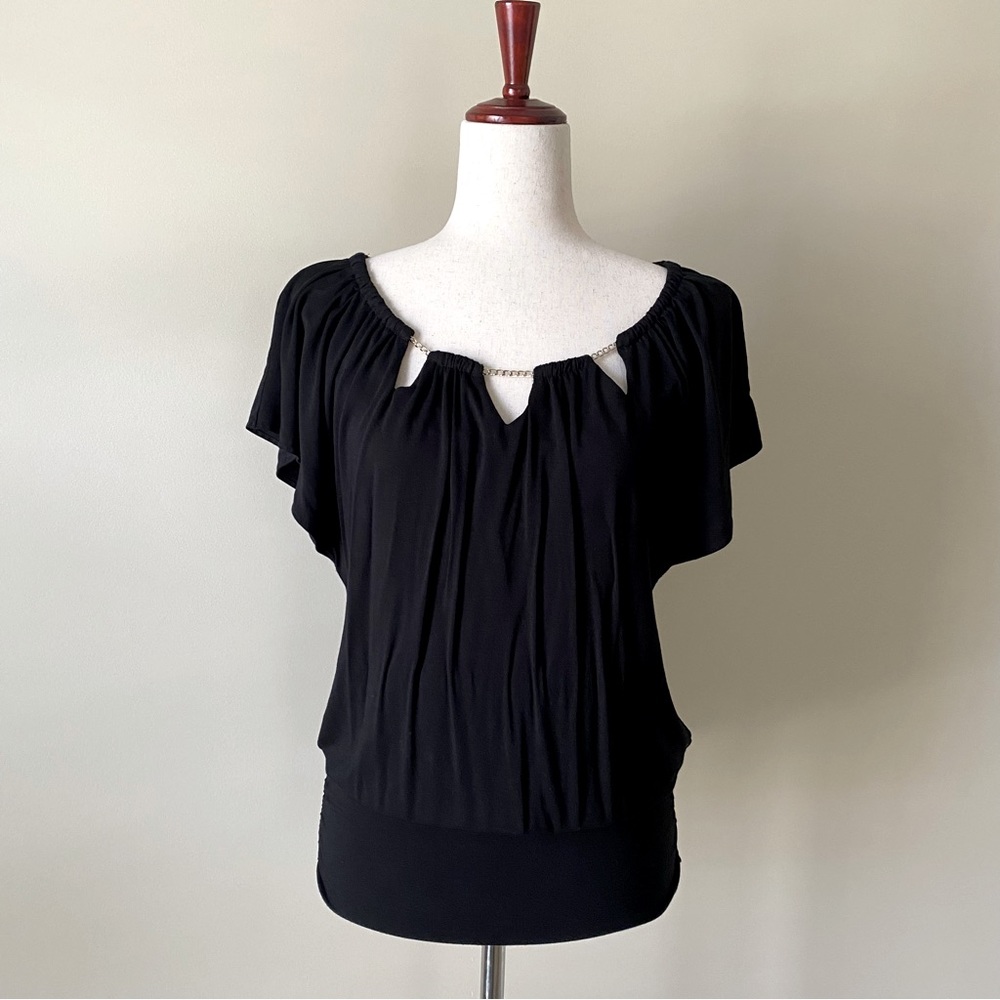 WHBM- Top, Black, Gold Metal Chain with Cut-Outs Neckline, Size Small